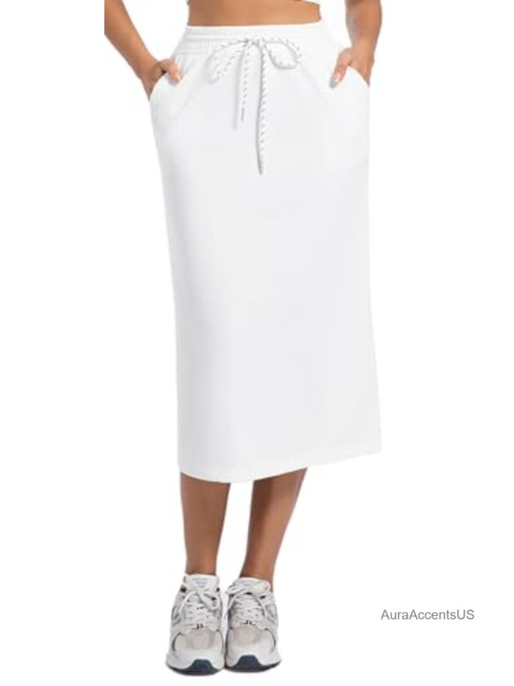 Women's High Waist Drawstring Midi Skirt with Pockets Back Slit Casual Solid